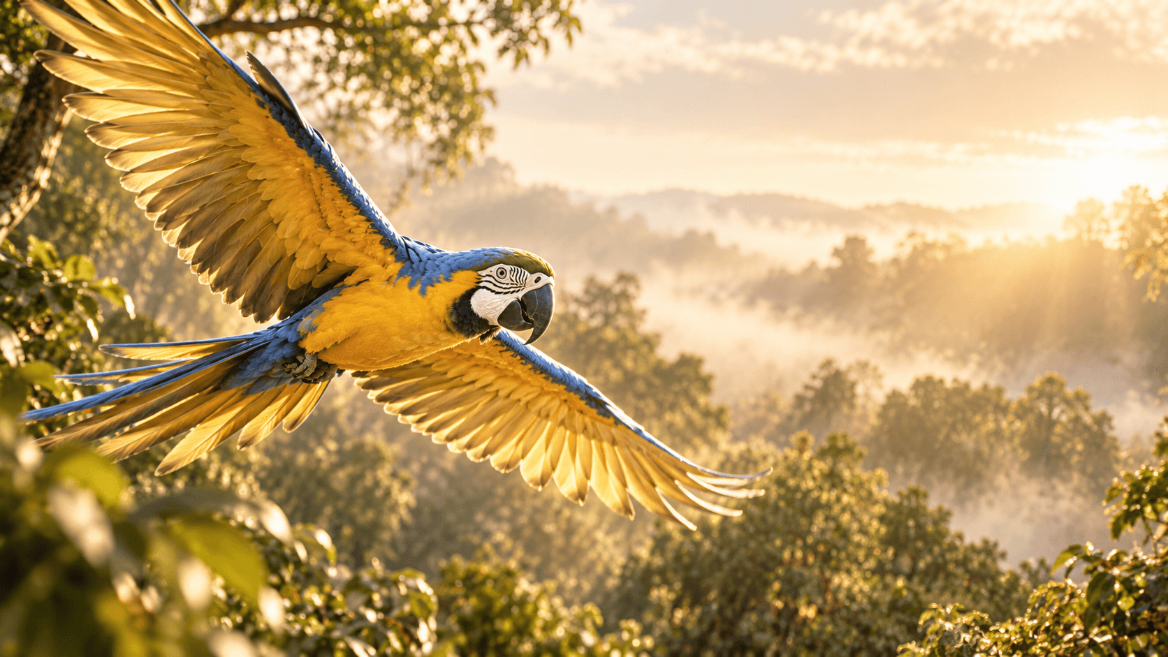 Blue-and-gold macaw flying through a sunlit forest