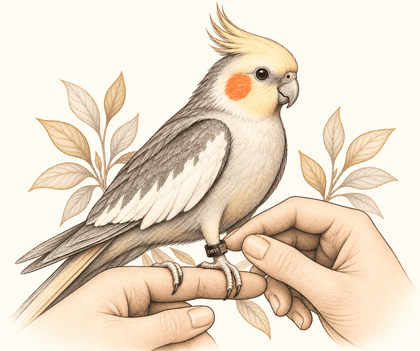 Illustration of a cockatiel wearing an ORVI identification ring.